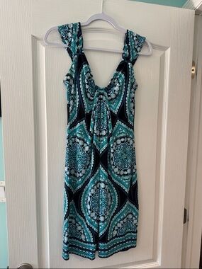London Times Teal, Navy & White Sleeveless Patterned Mini Dress